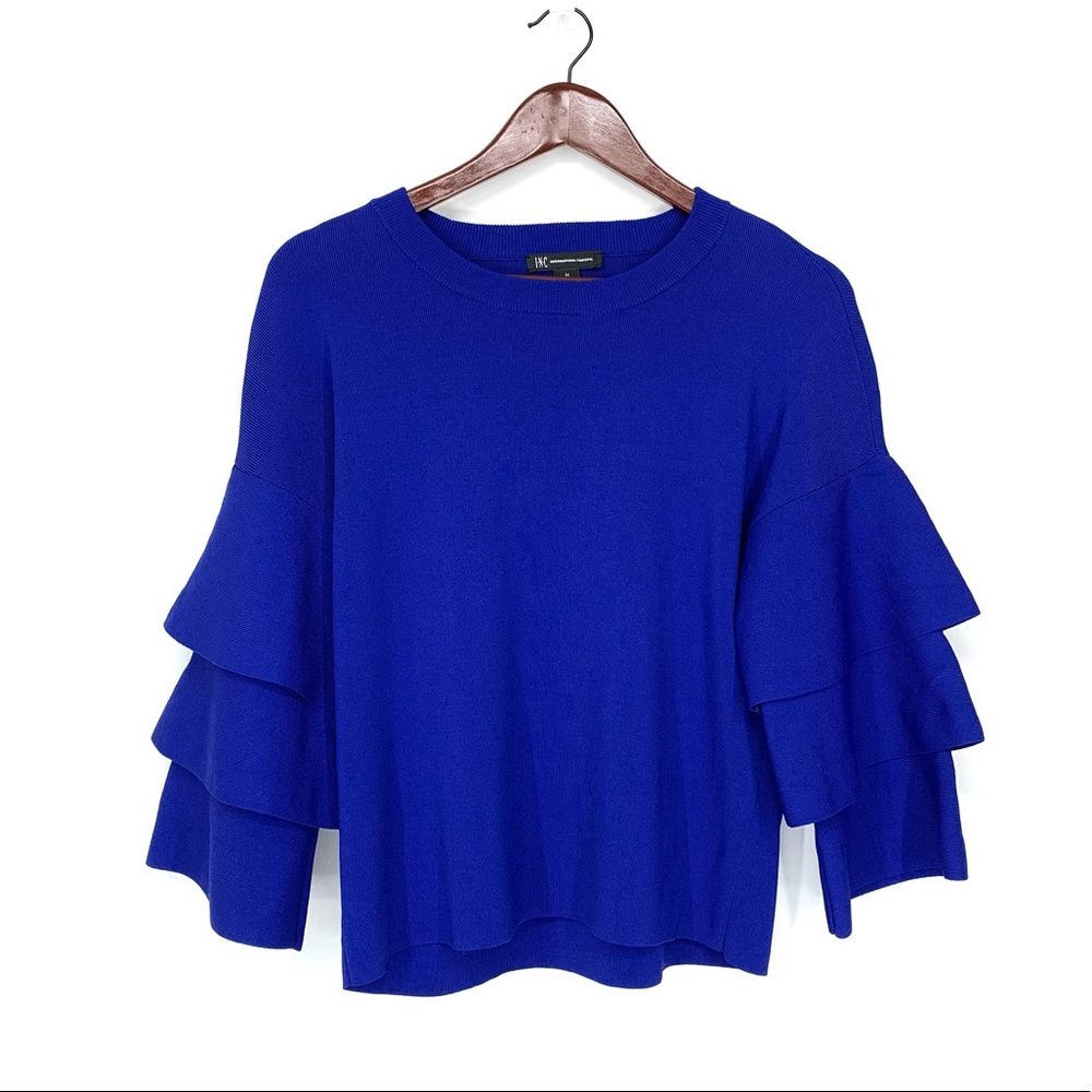 INC Macy’s Solid Cobalt Blue Stretchy Dressy Sweater  Tiered Ruffle Sleeve